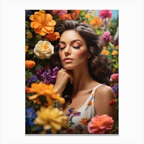 A Portrait Of A Woman Lost In Thought in a garden surrounded by flowers Canvas Print