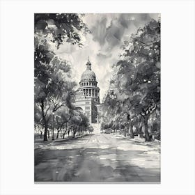 The Texas State Capitol Austin Texas Black And White Watercolour 2 Canvas Print