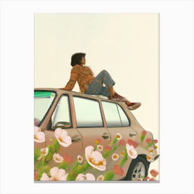 Woman Sitting On Brown Car Roof With Flowers Canvas Print