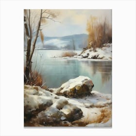 Ancient landscapes, old winter oil paintings and rocks around the lake bank. Snow is falling on the lake, old colors.12 Canvas Print