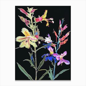 Neon Flowers On Black Larkspur 4 Canvas Print