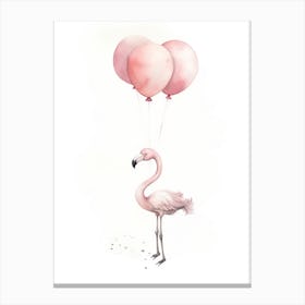 Baby Flamingo Flying With Ballons, Watercolour Nursery Art 3 Canvas Print