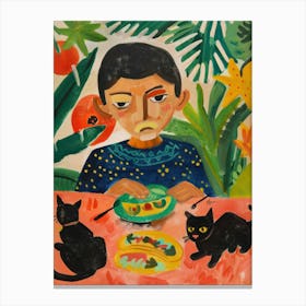 Portrait Of A Boy With Black Cats Eating A Taco Canvas Print
