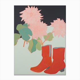 Painting Of Red Cowboy Boots With Pink Flowers, Pop Art Style Canvas Print