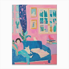 Girl In The Sofa With Pets Tv Lo Fi Kawaii Illustration 8 Canvas Print