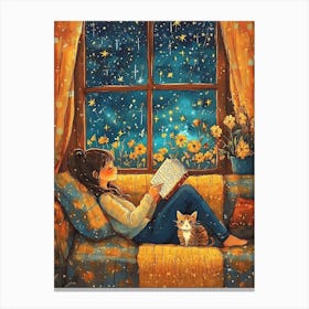 Girl Reading Book with Her Cat 11 Canvas Print