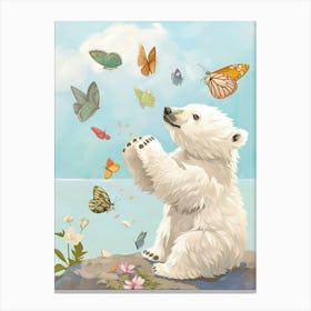 Polar Bear Cub Playing With Butterflies Storybook Illustration 1 Canvas Print