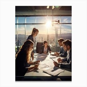 Conference Room Filled With Four Youthful Adults Two Women Two Men Engrossed In Team Strategy Do (3) Canvas Print