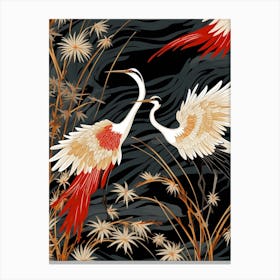 Black And Red Cranes 3 Vintage Japanese Botanical Canvas Print