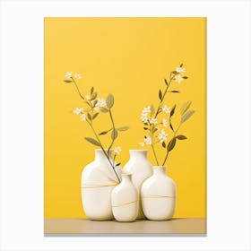 White Vases With Flowers On Yellow Background Canvas Print