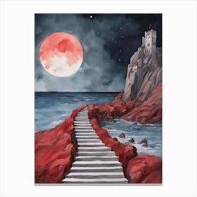 Stairs rising from the blue sea between red rocks lead to a medieval castle under the red moon Canvas Print