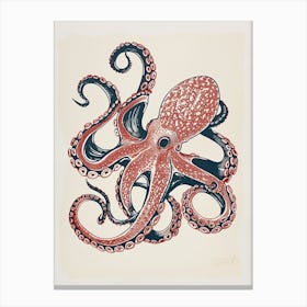 Linocut Red Navy Octopus 2 Canvas Print