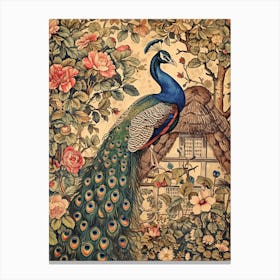 Vintage Peacock Wallpaper Outside A Thatched Cottage 2 Canvas Print