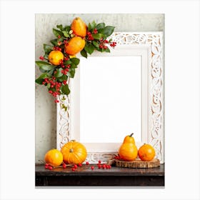 A Captivating Autumnal Scene Showcasing Ripe Oranges And Vibrant Pumpkins Resting On A Rustic Table (3) Canvas Print