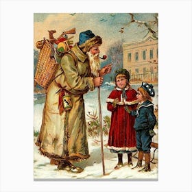 Old Santa Claus With Toys Meet Two Kids Canvas Print