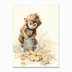 Monkey Painting Collecting Coins Watercolour 1 Canvas Print