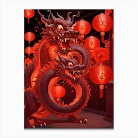 Two Red Dragons With Lanterns In A Red Setting Canvas Print