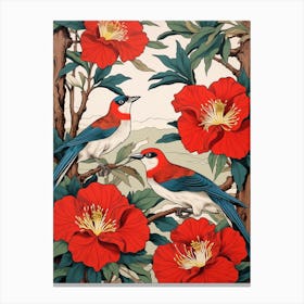 Camellia And Birds Vintage Japanese Botanical Canvas Print