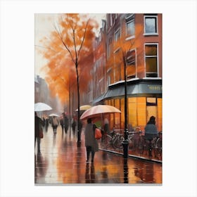 Amsterdam cafes, autumn season, rain, autumn oil colours.Faded colours,People passing on the street, winter clothes, rain umbrellas.12 Stampe su tela