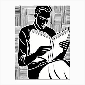 Reading A Book Linocut Black And White Painting, 324 Canvas Print