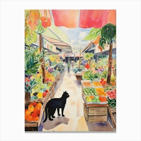 Food Market With Cats In Honolulu 2 Watercolour Canvas Print