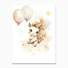Baby Unicorn Flying With Ballons, Watercolour Nursery Art 4 Canvas Print