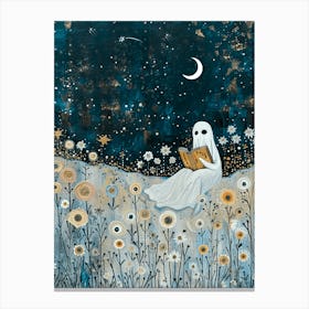 Cute Ghost Reading Under the Moon and Stars Botanical Library Bedroom Book Nook Art | Spooky Beautiful Funny Print Painting Lovely Artwork in HD Canvas Print