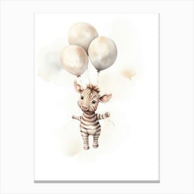 Baby Zebra Flying With Ballons, Watercolour Nursery Art 2 Canvas Print