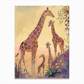 Giraffe Family Yellow & Lilac Watercolour Style Canvas Print
