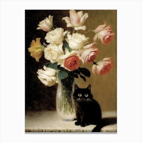 Henri Fantin  Inspired Latour Roses And Lilies And Black Cat 2 Canvas Print