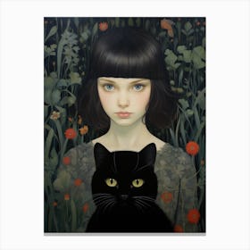 Girl With A Black Cat Canvas Print