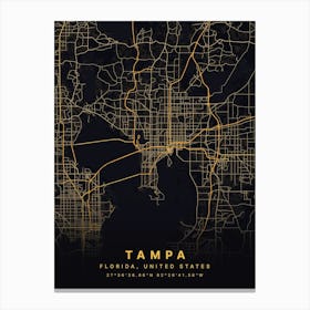 Tampa Florida USA Black And Gold Map Canvas Print