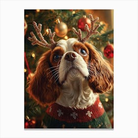 King Charles Spaniel In Christmas Jumper And Santa Hat Canvas Print