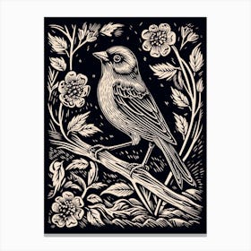 B&W Bird Linocut Finch 3 Canvas Print