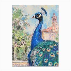 Peacock Sketch With A Palace In The Background 3 Canvas Print