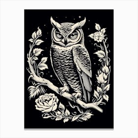 B&W Bird Linocut Great Horned Owl 2 Canvas Print