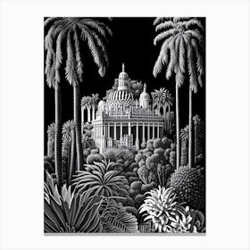 Balboa Park, Usa Linocut Black And White Vintage Canvas Print