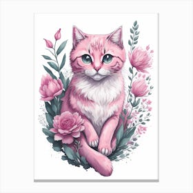 Pink Floral Cat Painting (5) Canvas Print