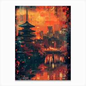 Tokyo At Night, Cityscape Collage Retro Canvas Print
