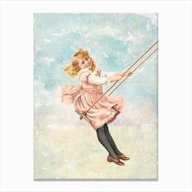 Little Girl On A Swing. Vintage Nursery Illustration, Kids Room Canvas Print