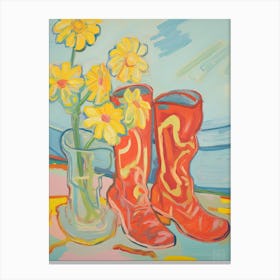 Painting Of Yellow Flowers And Cowboy Boots, Oil Style 2 2 Canvas Print