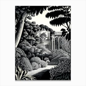 Villa Cimbrone Gardens, Italy Linocut Black And White Vintage Canvas Print