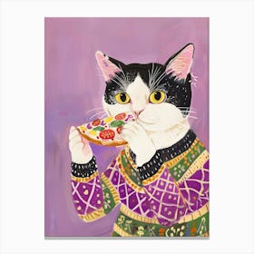 Happy Black And White Cat Eating Pizza Folk Illustration 3 Canvas Print