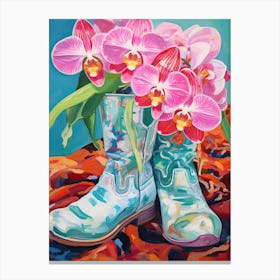 Oil Painting Of Pink And Red Flowers And Cowboy Boots, Oil Style 2 Canvas Print