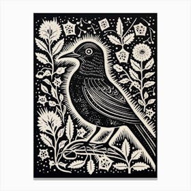B&W Bird Linocut Cuckoo 3 Canvas Print
