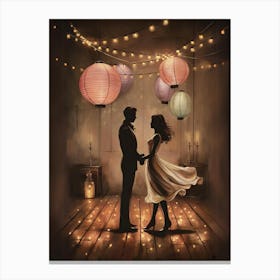 Silhouette Of Couple Holding Lanterns Canvas Print