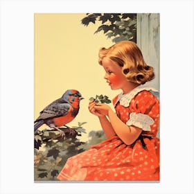 Vintage Retro Kids With Bird Illustration Kitsch 1 Canvas Print
