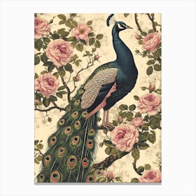 Cream Floral Vintage Peacock Wallpaper Inspired 3 Canvas Print