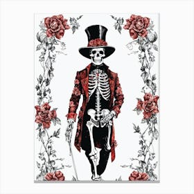 Floral Skeleton With Hat Ink Painting (68) Canvas Print
