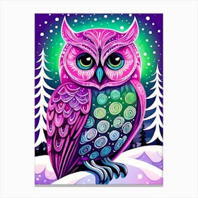 Pink Owl Snowy Landscape Painting (214) Canvas Print